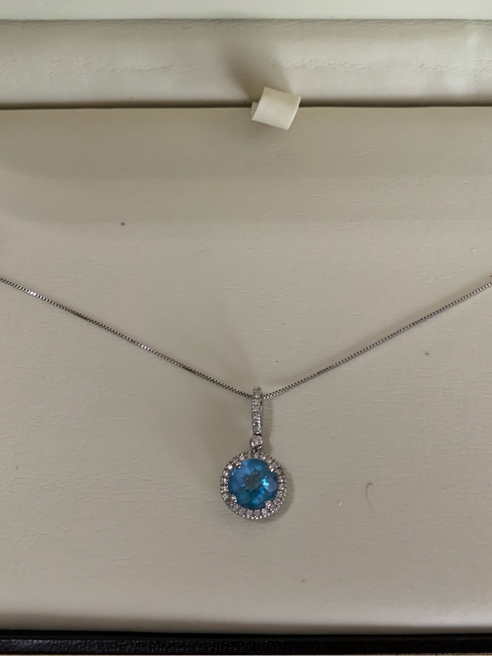 2 CT Blue Topaz .16 TW Diamonds White Gold Pendant and Chain Stamped 14K